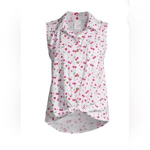 No Boundaries NEW White Cherry & Heart Print Tie-Front Sleeveless Top - Size XS